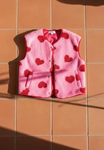 Gilet doudou Solianne rose à cœurs taille S, cocooning rétro cute