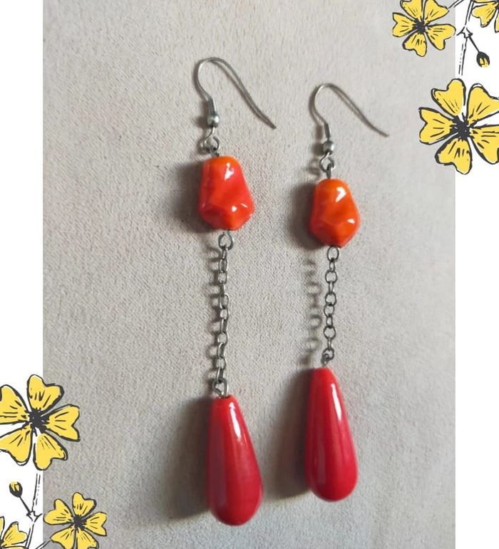 Boucles d’oreilles longues rouges & orange - Collection Terres d’Ailleurs - photo numéro 2