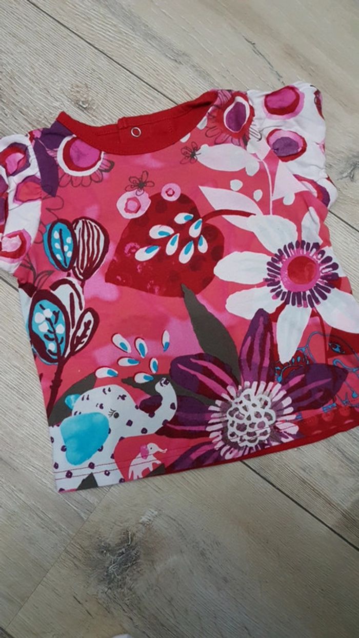 Tee-shirt manches courtes catimini 6 mois rouge rose fleurs éléphant