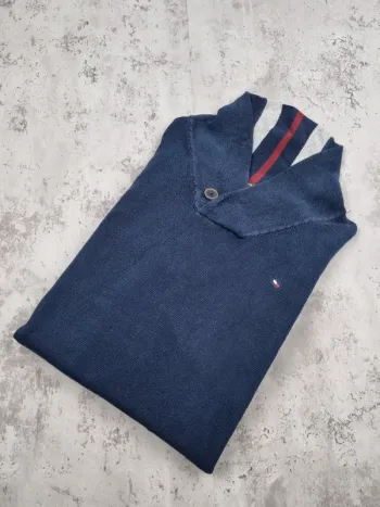 Pull col châle Tommy Hilfiger Bleu Marine – Taille L Homme (mesures en photos)