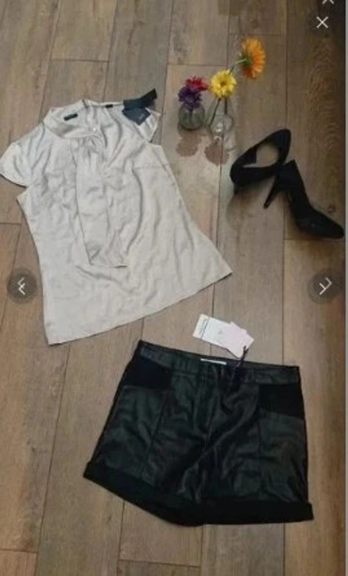 Top satiné esprit Blouse manches courtes beige neuf t 36 - photo numéro 3