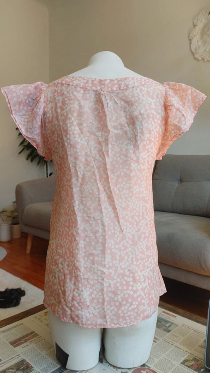 Haut léger en coton manche volant décolleté rose à pois blanc - photo numéro 4