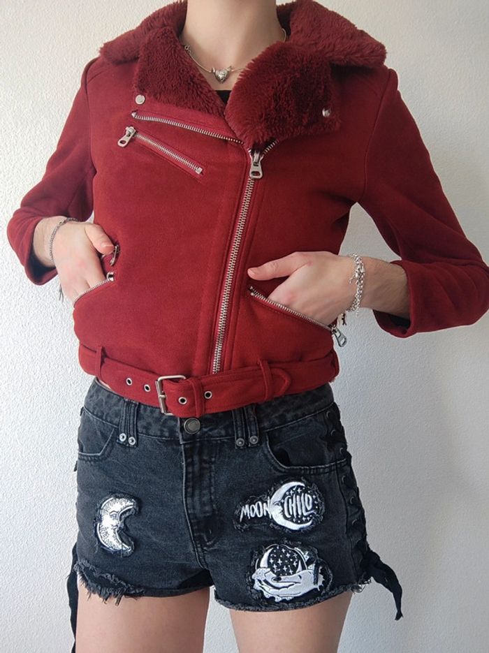 Perfecto blouson veste daim col fourrure rouge foncé / Pimkie - 36/S à 38/M - photo numéro 4
