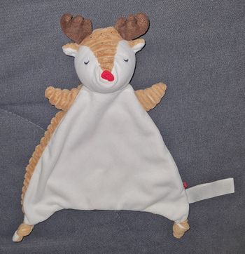 Doudou plat Renne blanc et beige - Nez rouge - Obaibi