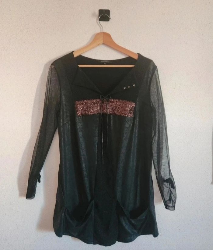 Tunique noire à sequins – Manches longues transparentes – Taille 36 – Très bon état