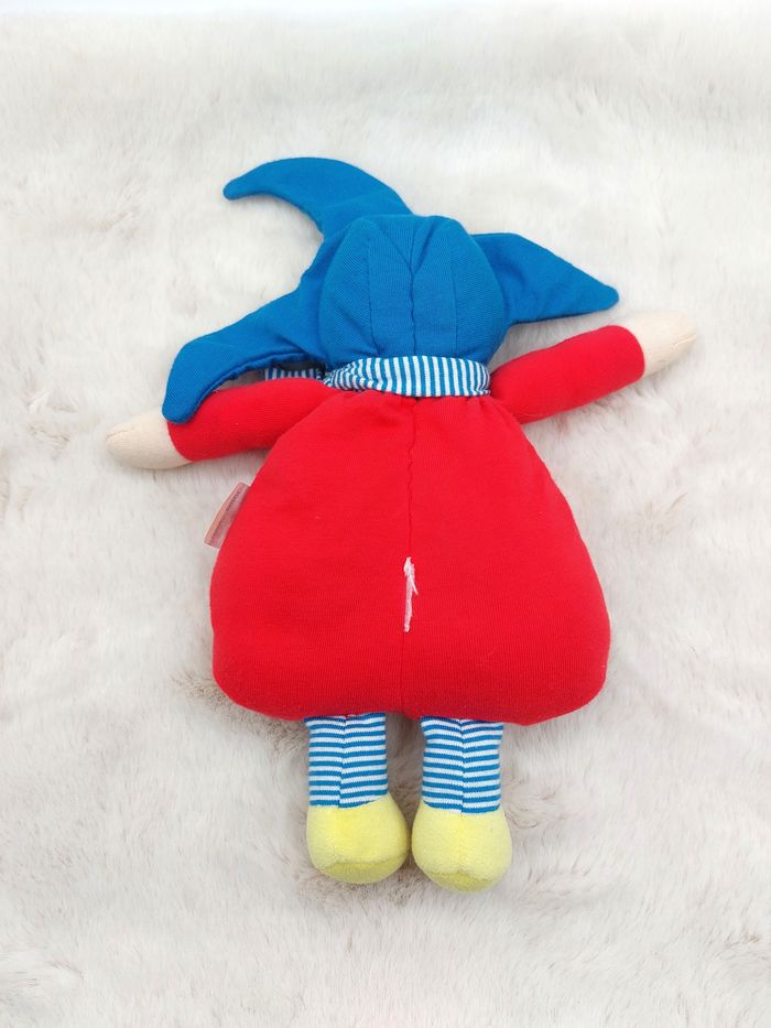 Doudou poupée poupon Corolle rouge bonnet bleu jaune brodé bateau rayures 24 cm - photo numéro 3