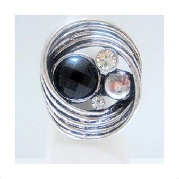 Bague Réglable Métal Argenté, Pierre Noire & Strass