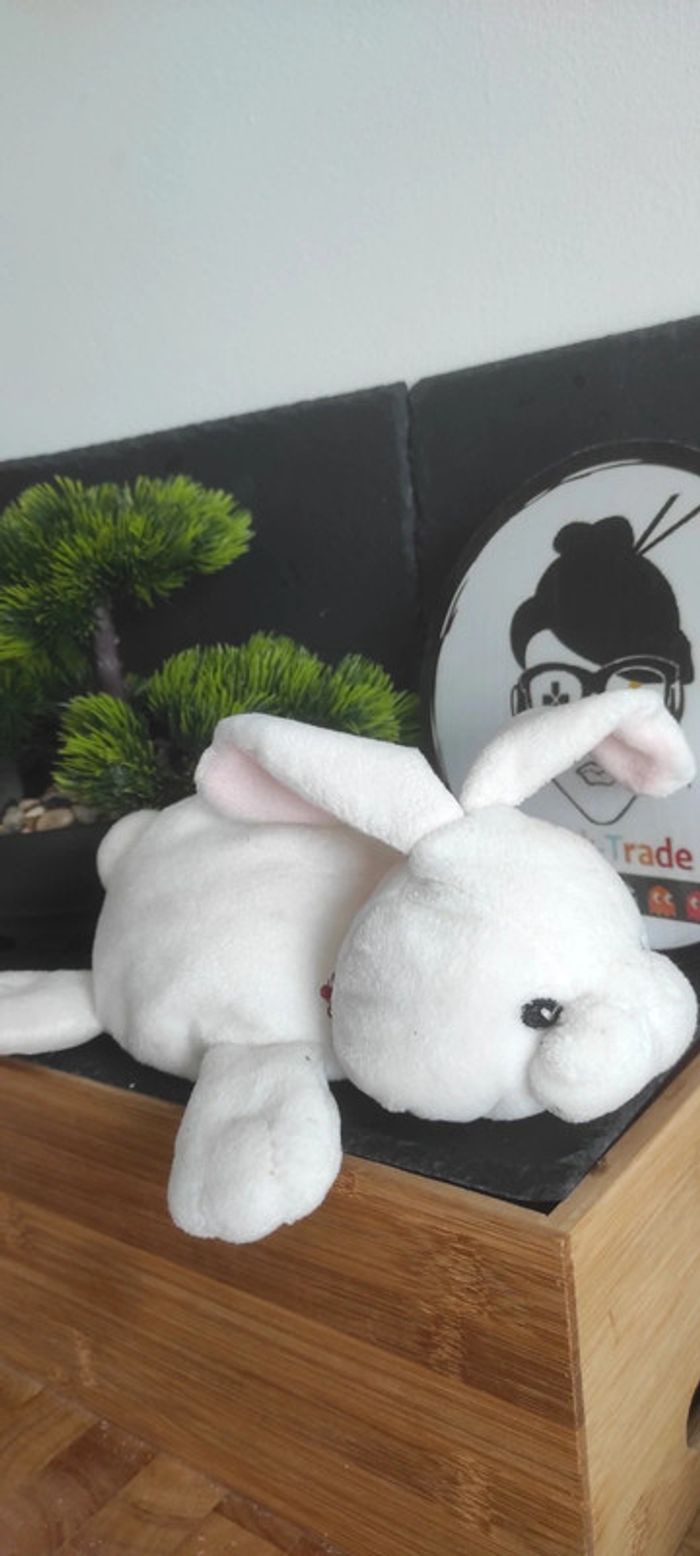 peluche lapin blanc rose couché pompon Hochet Grelot - photo numéro 2