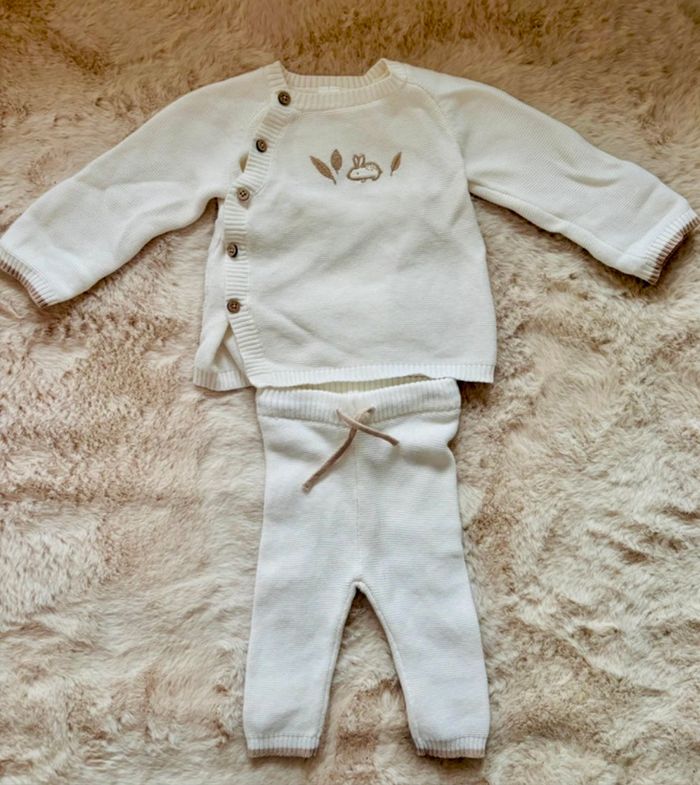 Ensemble mixte 3 pièces en tricot point mousse pour bébé taille 3 mois - photo numéro 2