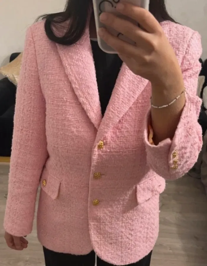 Veste blazer Zara texturé rose taille S - photo numéro 3