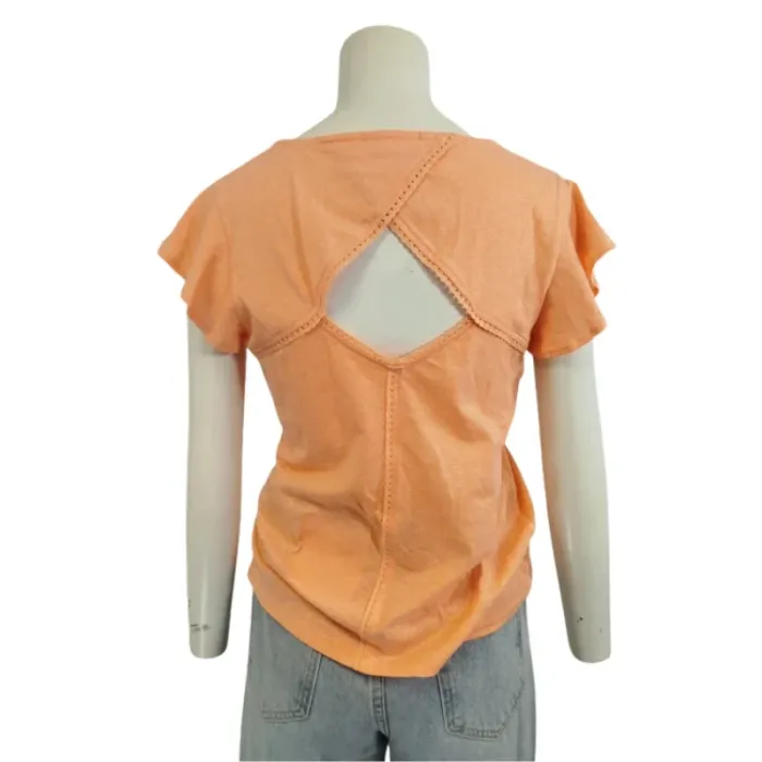 T-shirt corail fluide col V avec dos ajouré style bohème chic manches volantées femme M A967 - photo numéro 2