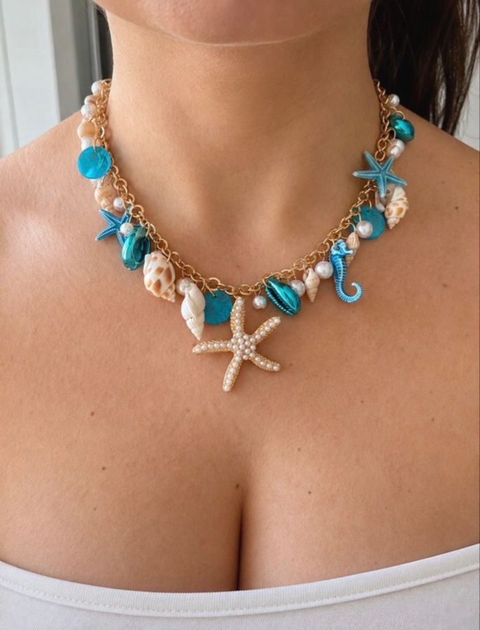 Collier bleu étoile de mer coquillage été plage tendance bohème - photo numéro 1