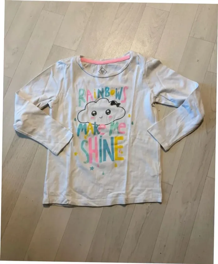 T-shirt taille 3/4 ans blanc manches longues tex motif nuage et paillettes très bon état