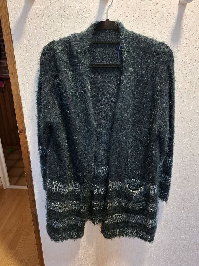 Magnifique gilet long femme noir/blanc/métallisé XXL (4) maille angora acrylique très bon état