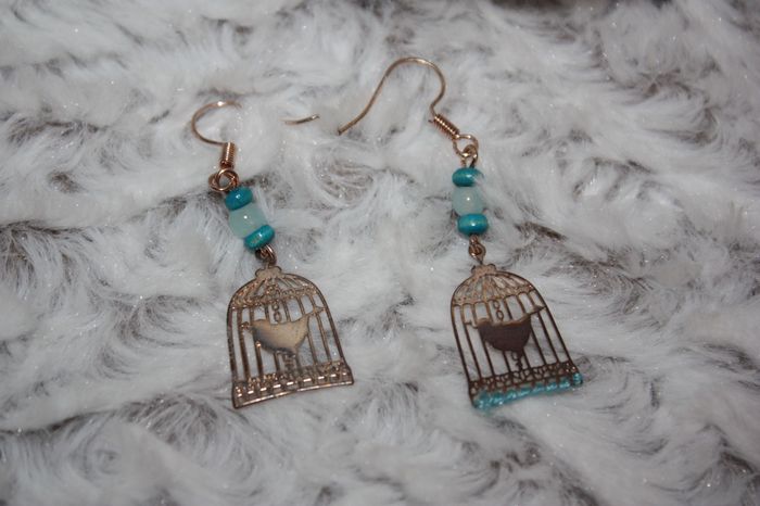 Boucle oreille pendante cage oiseau bleu - photo numéro 4