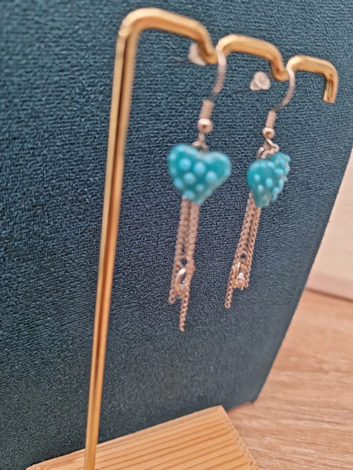 Boucles D'oreilles Argentées Fraise Bleu Bague Argenté Strass - photo numéro 5
