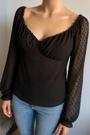 Haut noir Boohoo neuf avec étiquette - Manches bouffantes & pois (Taille XS)