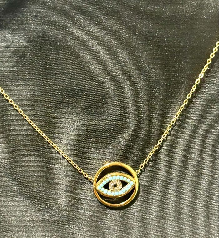 Collier chaîne réglable cercle œil perles cristal et turquoise - photo numéro 3