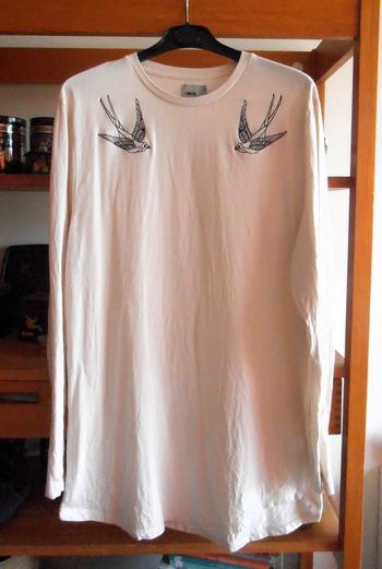 T-shirt homme, ASOS, taille M, blanc, 100% coton, motif oiseaux, manches longues