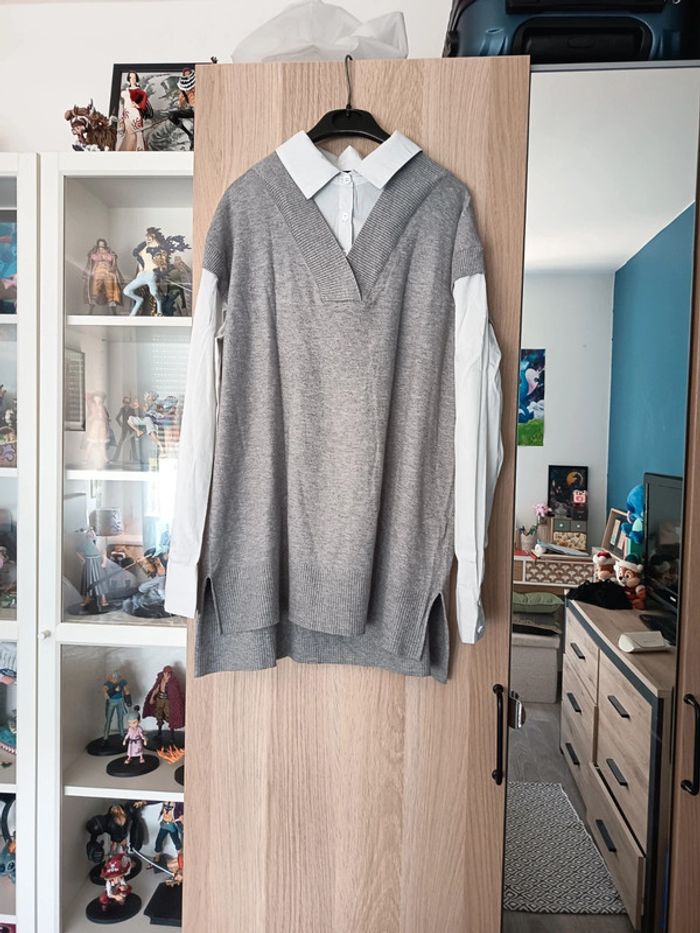 Chemise pull gris et blanc neuf TEX- Taille XL 42 - photo numéro 3