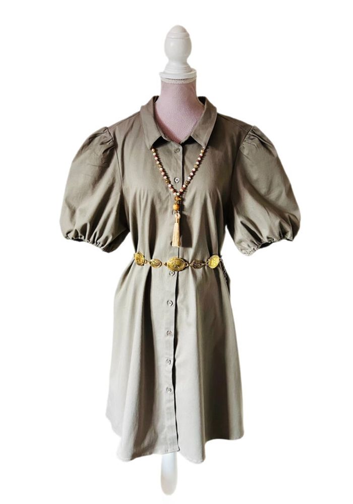 🧡🌿Robe chemise manches bouffantes taille 42 gris taupe chic & décontracté Puff Sleeves short dress🌿🧡 - photo numéro 6