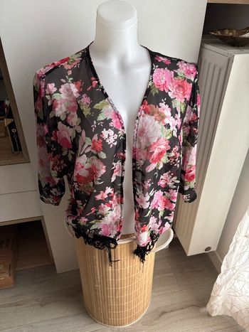 Cardigan Kimono mousseline imprimé fleuri à frange noir taille S