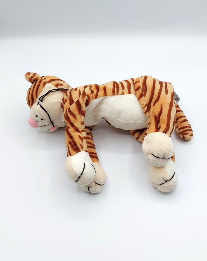 Ancienne Peluche doudou chat tigré marron orange tout mou AJENA rose 26 cm sans la queue - photo numéro 5