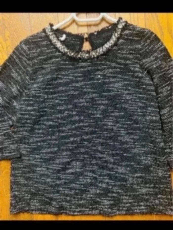 S Sublime pull encolure en rond à perles brodé Noir et gris chiné taille M - photo numéro 2
