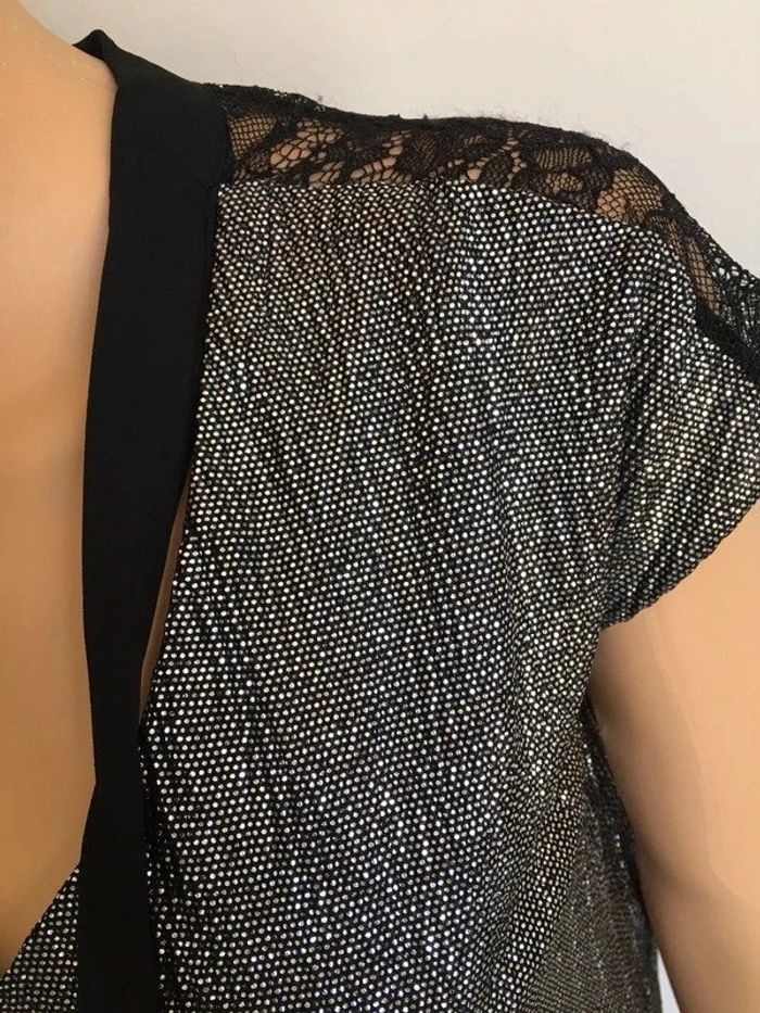 Blouse argentée et noire neuve à manches courtes avec dentelle Morgan taille XS (valeur 35€) - photo numéro 5