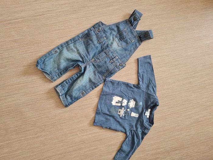 Salopette jeans obaibi et tee shirt obaibi 3 mois