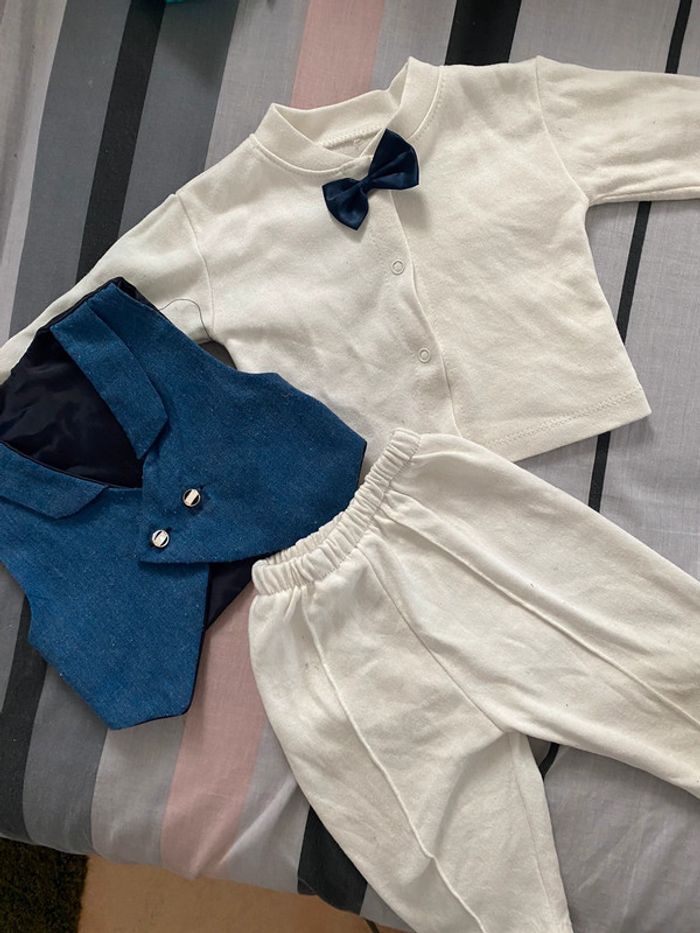 ensemble coton garçon habillé costume noeud papillon bébé 3-6 mois - photo numéro 2