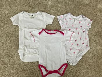 Lot de 3 bodies à manches courtes flamands roses et unis fille - Tissaia et club baby C&A - 6 mois