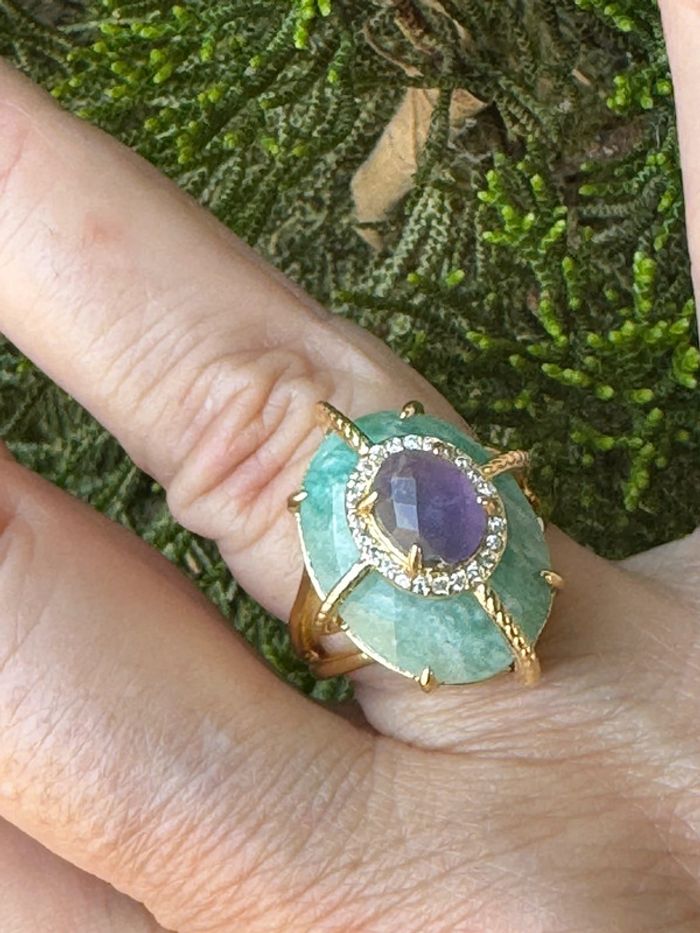 Grosse bague habaha Paris jade vert améthyste acier inoxydable or serti de zircons réglable
