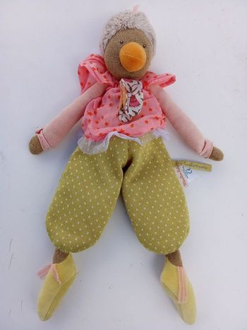Grand doudou fille canard moulin roty les tartempois vert, rose, étoile jaune