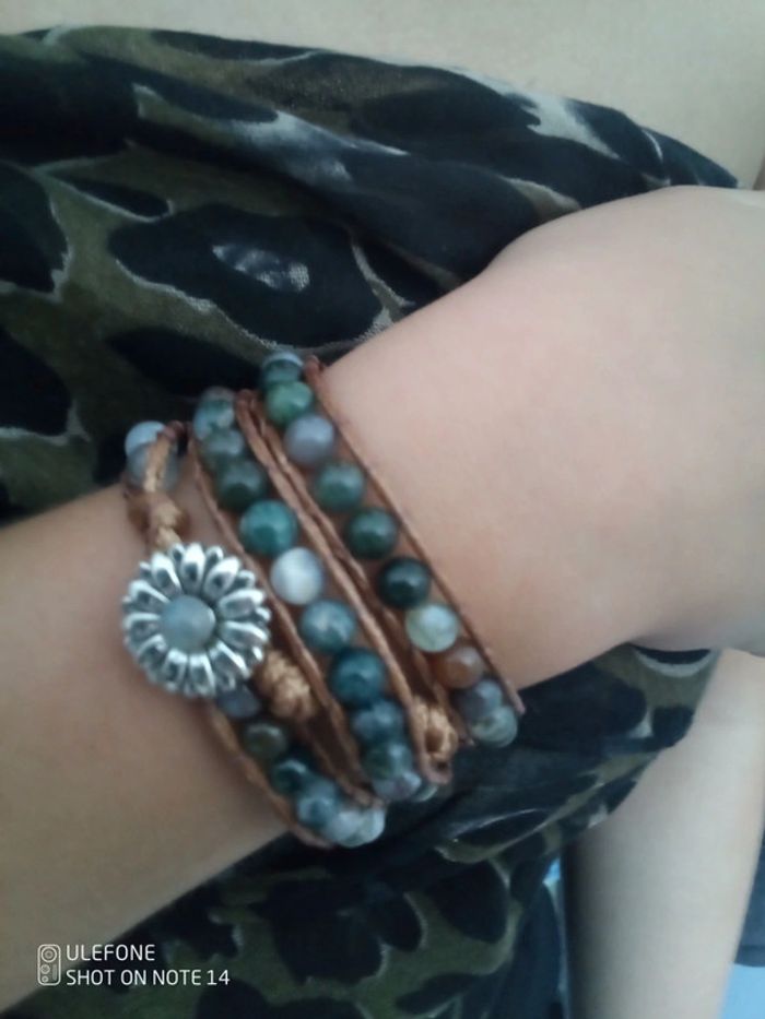 Bracelet bohemia en pierres naturelles d'agate indienne et labradorite et cordon cuir tabac - photo numéro 4