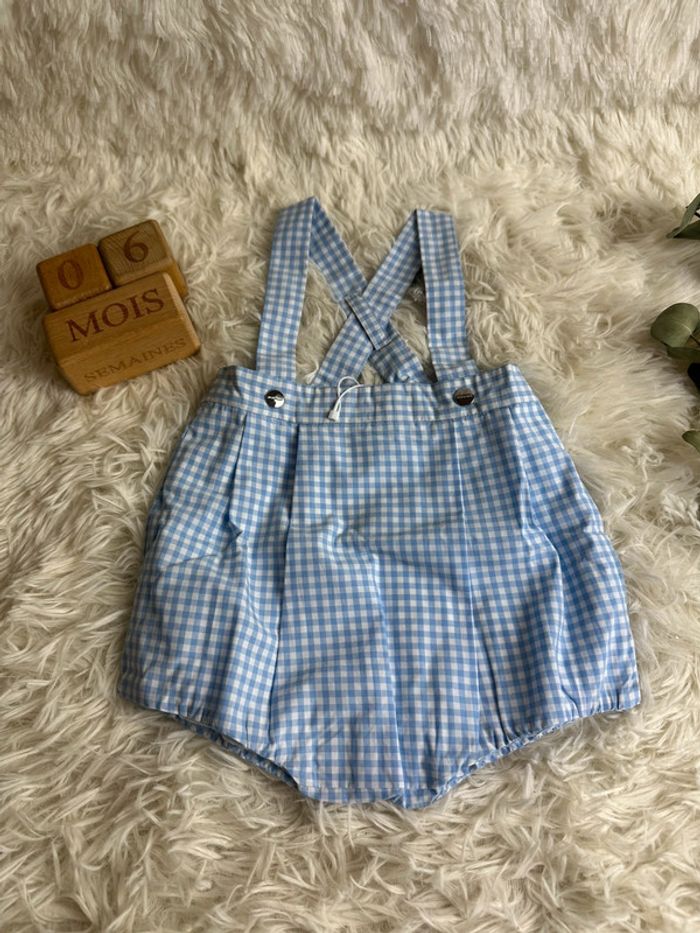 Salopette courte / barboteuse Vichy bleue et blanche Jacadi taille 6 mois - photo numéro 2
