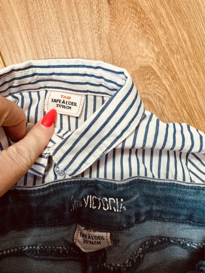 Taille 3 ans tenue 4 pièces fille TAO bleu * rayures * 🩷 - photo numéro 9