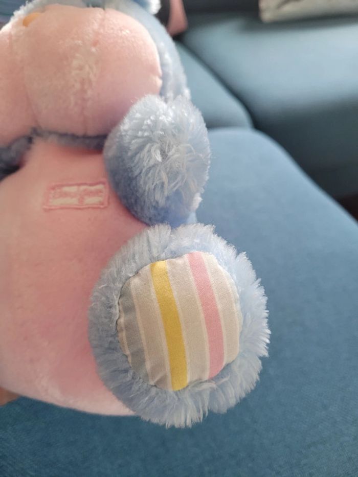 RARE Gros Lapin Bleu rose multicolore Boulgom rayures rayé tissu 26cm peluche doudou France - photo numéro 3