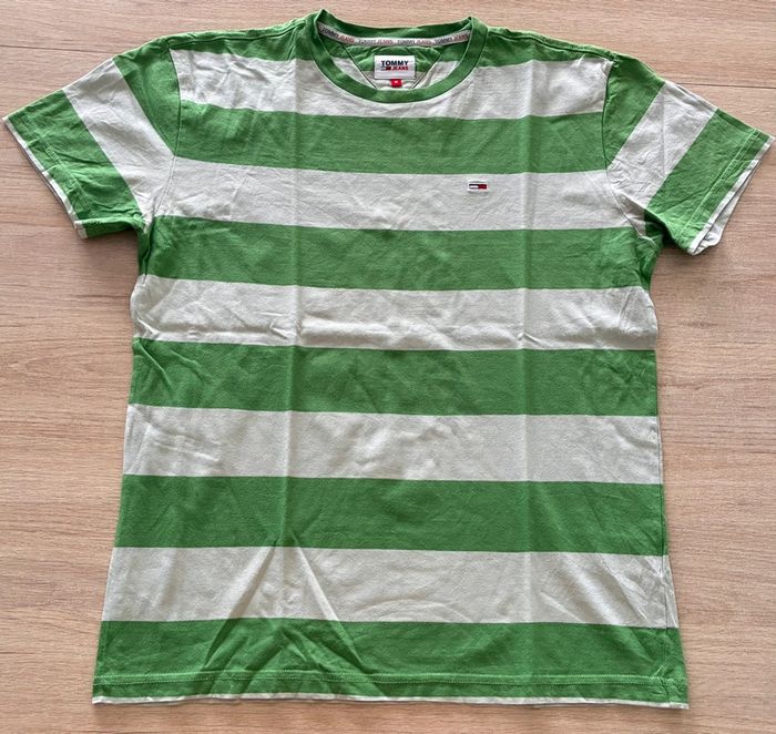 T-shirt Tommy Hilfiger rayé vert et gris, taille M, homme - photo numéro 2