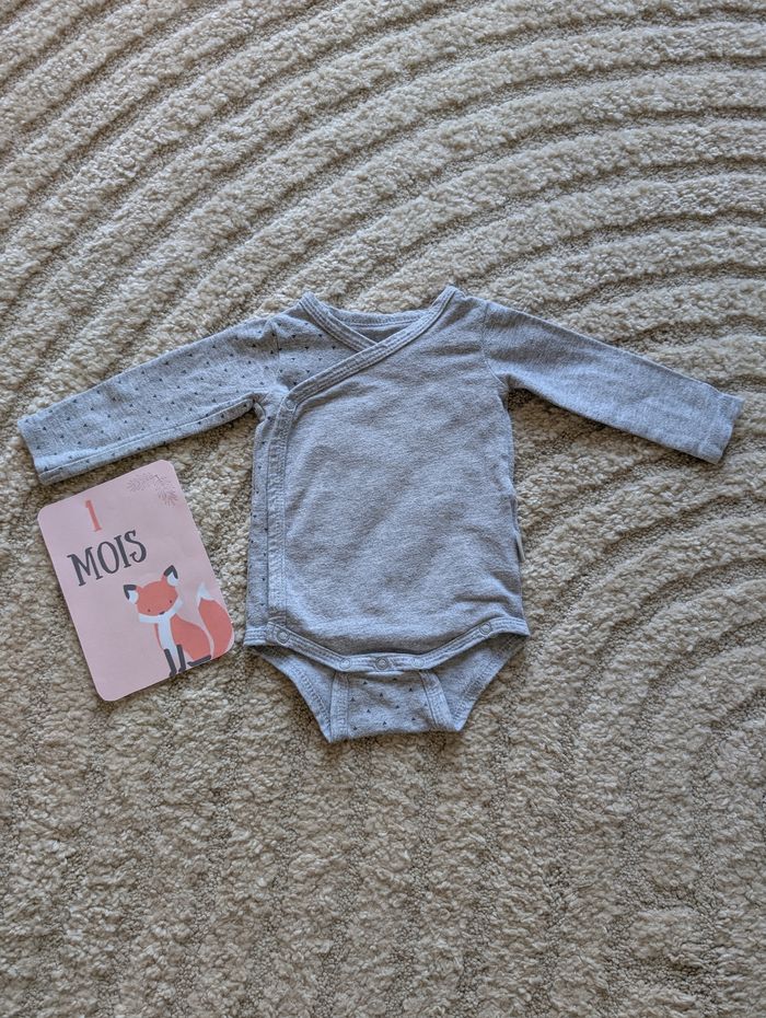 Body cache-cœur manches longues, gris, bébé unisexe, 1 mois, P'tit bisou