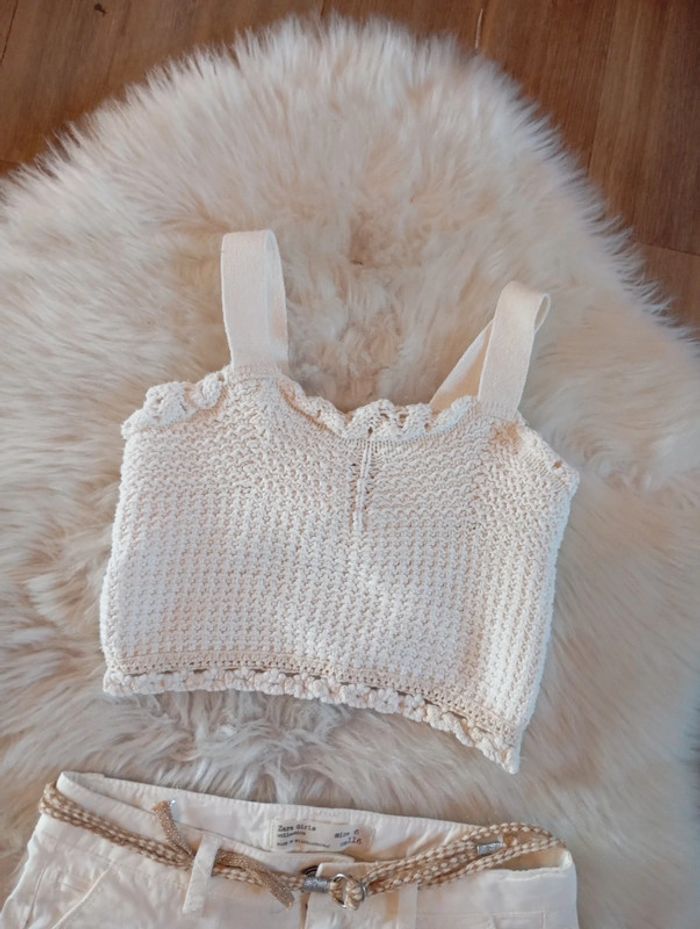 Lot fille Zara 💖 6 ans short + crop top en maille blanc cassé - photo numéro 5
