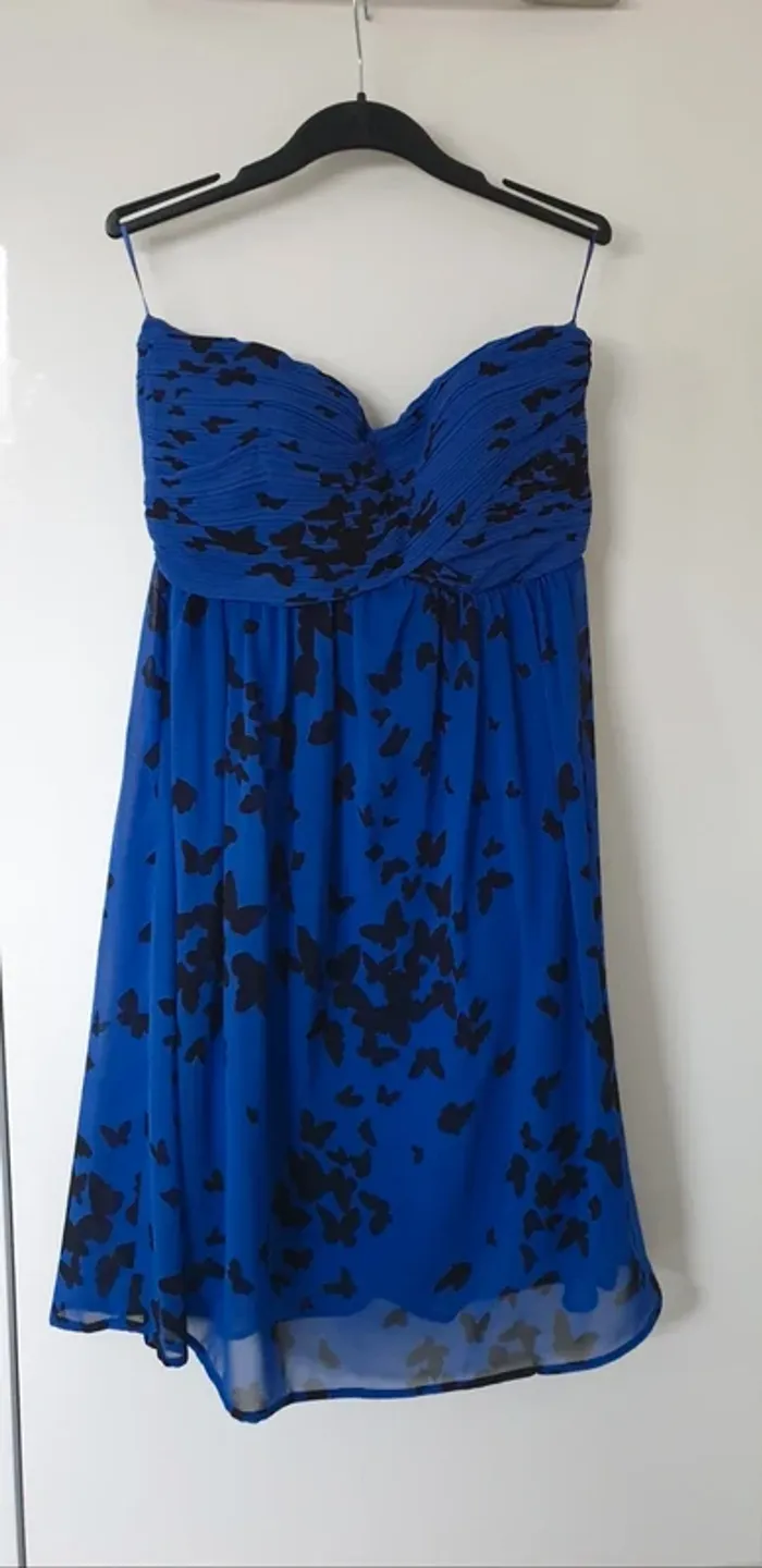 Robe bustier bleue et papillons noirs, taille 36, Esprit