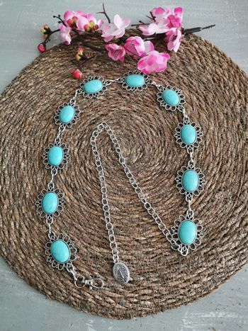 Ceinture Métal femme fleurs argenté et bleu turquoise