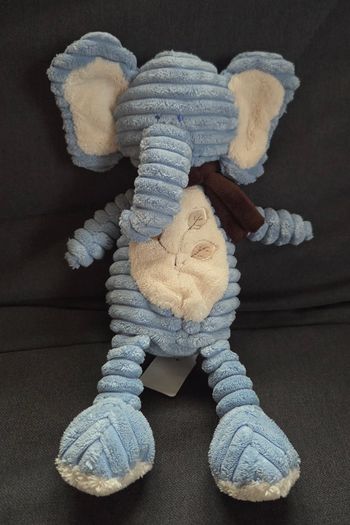 Doudou peluche Éléphant bleu côtelé et blanc - Feuilles - Bengy