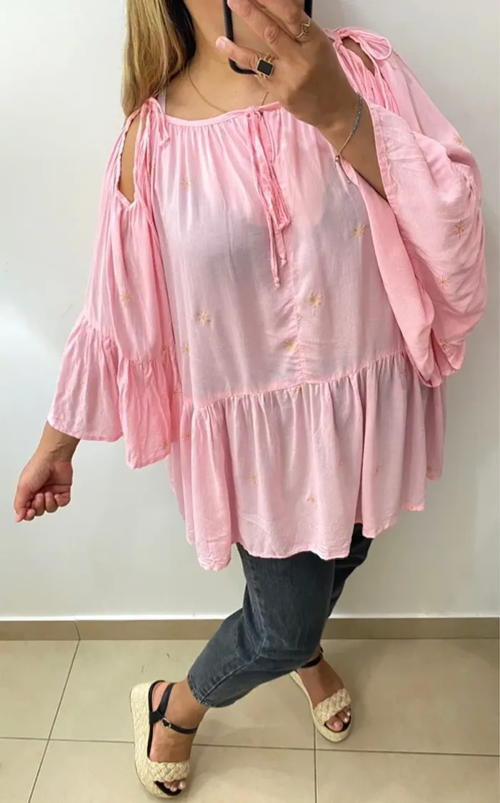 💕 Blouse ample Les NéoBourgeoises – rose à manches volantées Taille Unique - photo numéro 4