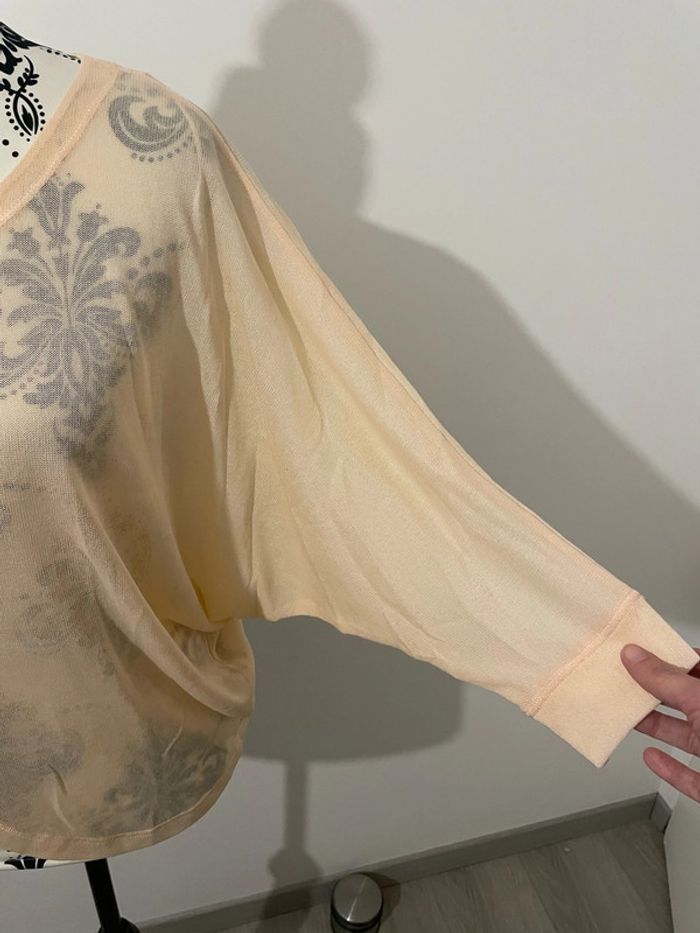 Pull fin manche 3/4 chauve souris ouvert devant abricot corail neuf le petit baigneur taille S - photo numéro 3