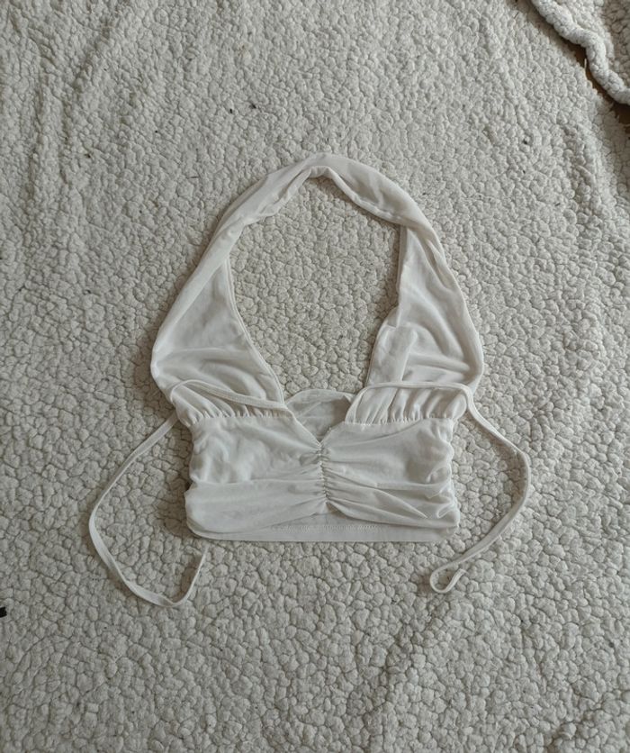 Haut dos nu blanc – effet drapé à nouer, style sexy vintage cute très doux