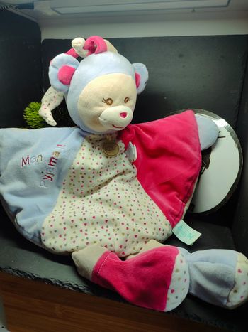 Doudou peluche range pyjama ours capucine bn707 blanc violet rose coeur bonnet