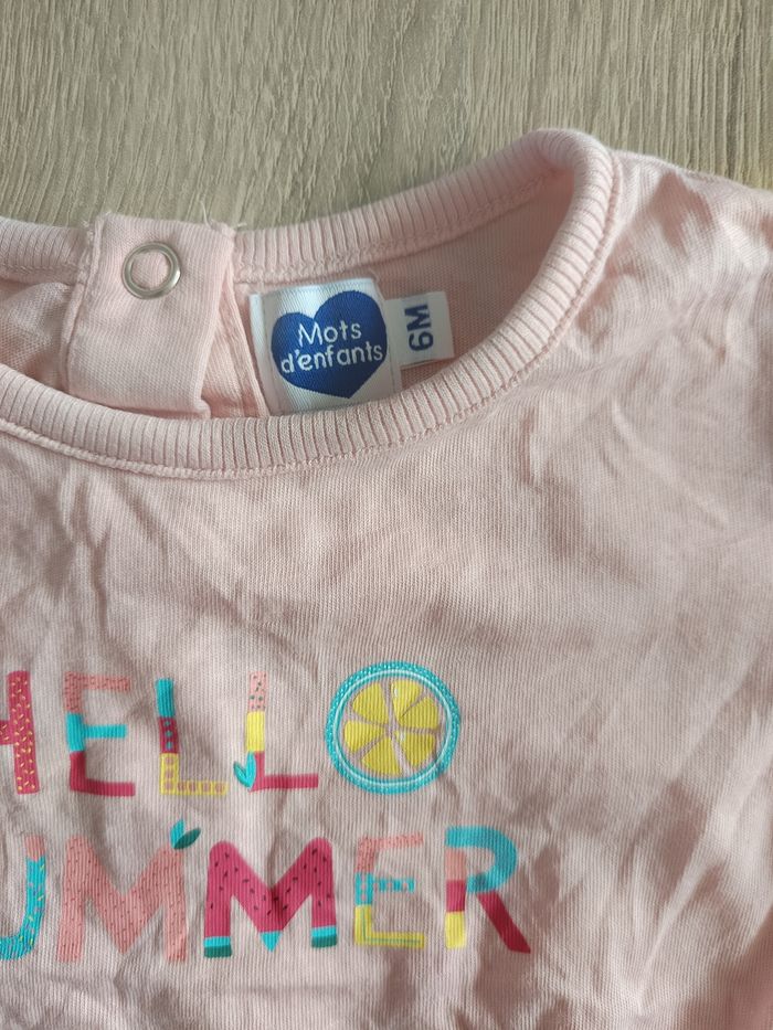 Ensemble t-shirt manches courtes rose Hello Summer et short multicolore bébé fille 6 mois Mots d'enfants - photo numéro 4