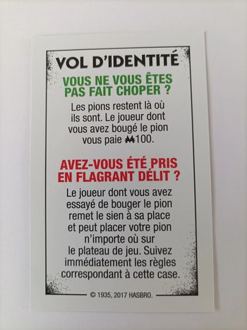 Carte vol d'identité pièce détachée Monopoly édition tricheurs Hasbro gaming #A28